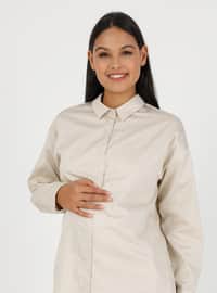 Beige - Point Collar - Maternity Blouses Shirts