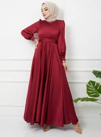 Flared Satin Hijab Evening Dress With Belt Accessories Burgundy