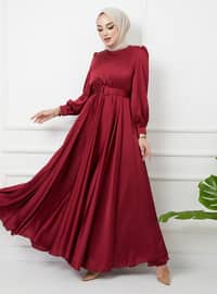 Flared Satin Hijab Evening Dress With Belt Accessories Burgundy