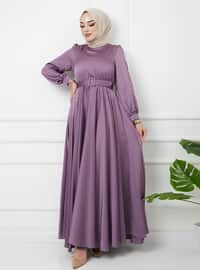 Flared Satin Hijab Evening Dress With Belt Accessories Lila