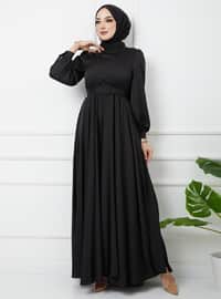 Flared Satin Hijab Evening Dress With Belt Accessories Black