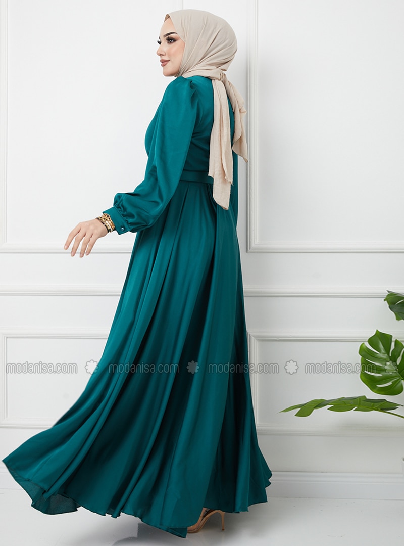 Flared Satin Hijab Evening Dress With Belt Accessories