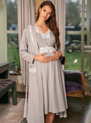Long Sleeve Women Maternity Nightgown Dressing Suit Gray Melange