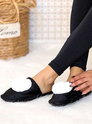 Sandal - White - Black - Home Shoes - Pembe Potin