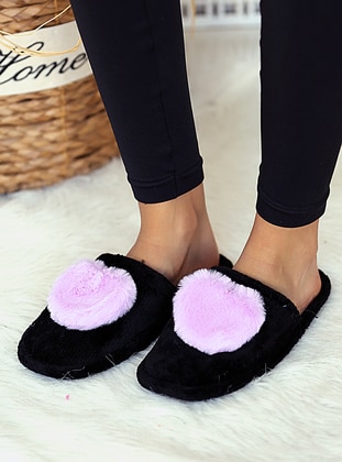 Sandal - Lilac - Black - Home Shoes - Pembe Potin