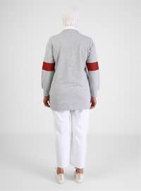 Maroon - Gray - Printed - Crew neck - Cotton - Plus Size Tunic