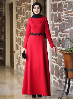 Red - Crew neck - Unlined - Crepe - Modest Dress - Elben Moda