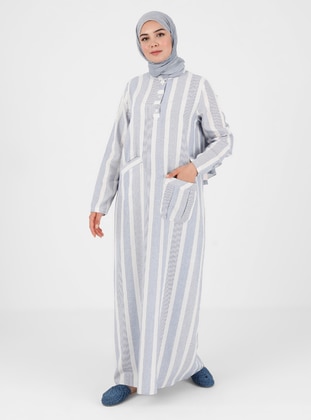 Natural Fabric Pocket Detailed Striped Modest Dress Indigo