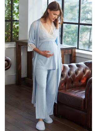 Short Sleeved Maternity Pyjama Set with Dressing Gown - Blue - Anıl