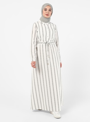  - Stripe - Point Collar - Unlined - Cotton - Viscose - Modest Dress - Tavin