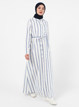 Indigo - Stripe - Point Collar - Unlined - Cotton - Viscose - Modest Dress - Tavin