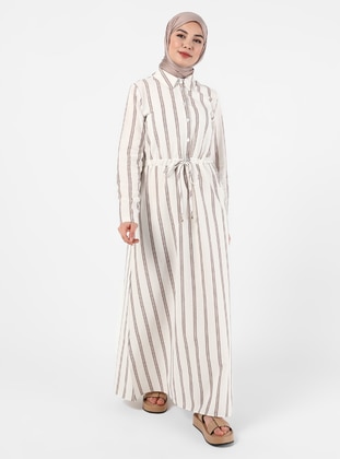 Mink - Stripe - Point Collar - Unlined - Cotton - Viscose - Modest Dress - Tavin