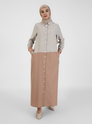 Natural Fabric Button Down Striped Modest Dress Brown