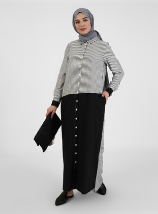 Black - Stripe - Point Collar - Unlined - Cotton - Viscose - Modest Dress - Tavin