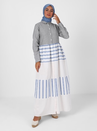 Indigo - Stripe - Point Collar - Unlined - Modest Dress - Tavin