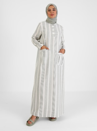Natural Fabric Pocket Detailed Striped Modest Dress Khaki