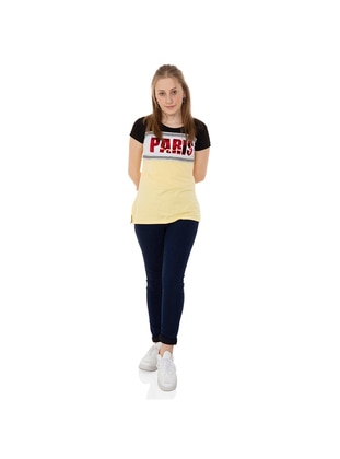 Toontoy  Kız Çocuk T-Shirt Paris Pul Nakış-Sarı