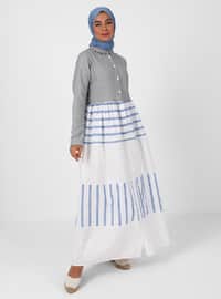 Indigo - Stripe - Point Collar - Unlined - Modest Dress