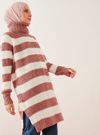  Knit Side Slits Transverse Striped Sweater Tunic Rose Color