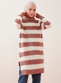  Knit Side Slits Transverse Striped Sweater Tunic Rose Color