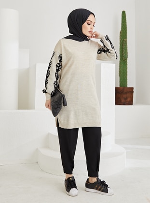 Beige - Crew neck - Unlined - Knit Tunics  - Modaefa