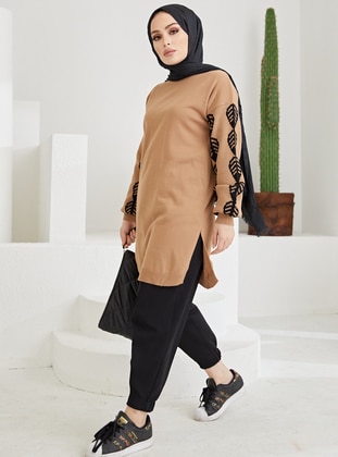 Sleeve Embroidered Sweater Camel