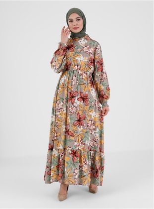 Natural Fabric Floral Patterned Modest Dress With Elastic Waist Mink