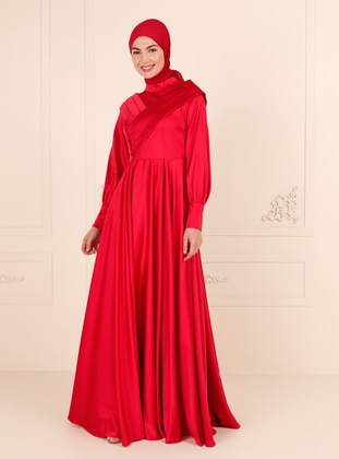 Red - Fully Lined - Crew neck - Modest Evening Dress - Puane