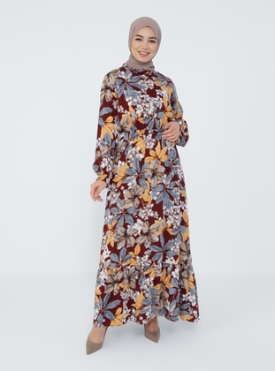 Natural Fabric Floral Patterned Modest Dress With Elastic Waist Burgundy