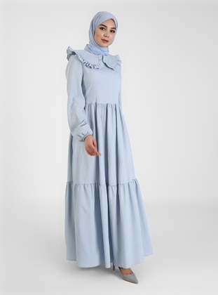 Blue - Round Collar - Unlined - Modest Dress - Tavin