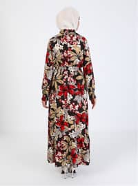 Brown - Floral - Crew neck - Unlined - Viscose - Modest Dress