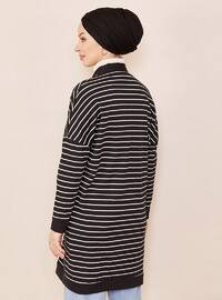 Black - Stripe - V neck Collar - Cotton - Viscose - Cardigan