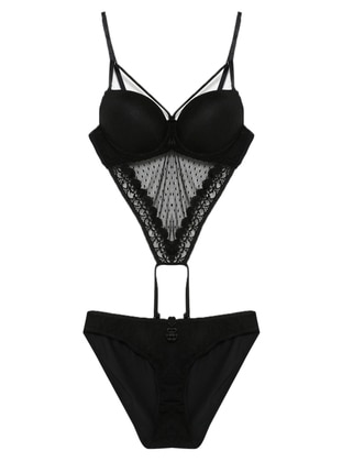 Women's Supported Underwire Lace Bra&Slip Set Black