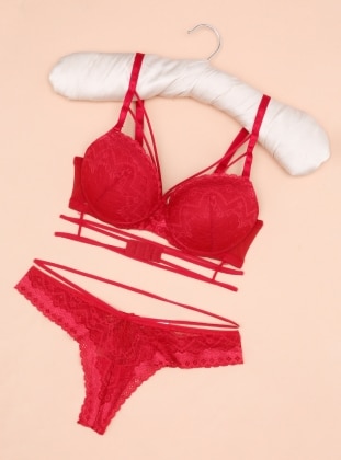 Fancy Women's Suspenders Detachable Bra & Underwear Set Cherry