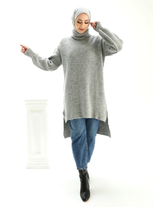 Gray - Polo neck - Unlined - Knit Tunics - İnşirah