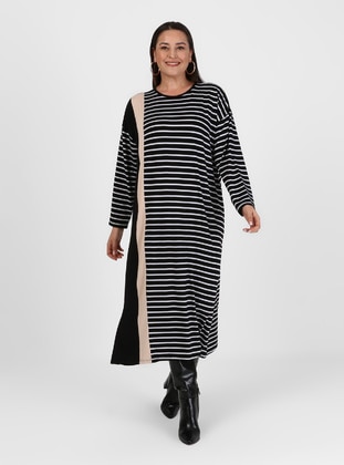 Plus Size Natural Fabric Striped Dress Black