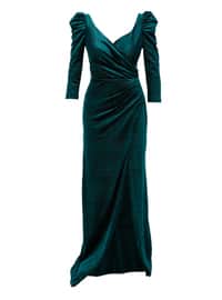 Fully Lined - Emerald - V neck Collar - Evening Dresses