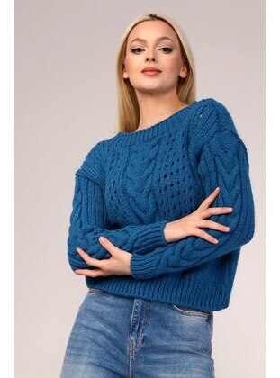 Blue Soft Textured Knit Crop Pullover Blue