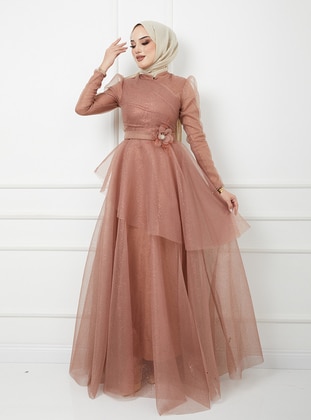 Tan - Fully Lined - Crew neck - Modest Evening Dress - Olcay