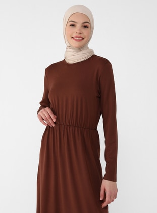 Brown - Crew neck - Viscose - Modest Dress - Refka