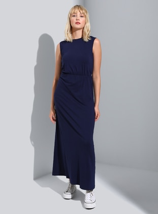 Natural Fabric Sleeveless Dress With Elasticated Waist Navy Blue