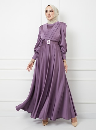Flared Satin Evening Dress with Gem Detailed Buckle Belt - Lilac - Olcay