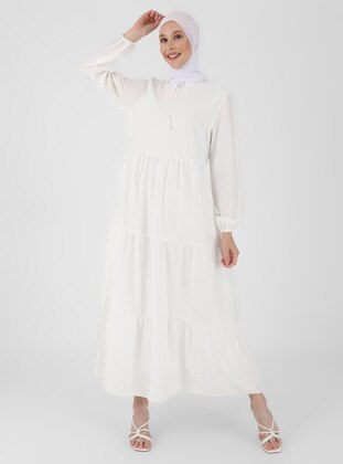 White - Ecru -  - Crew neck - Fully Lined - Modest Dress - Refka