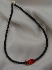 Onyx and Coral Bead Necklace - Black