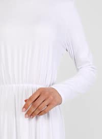 Modest Dress With Natural Fabric Elastic Waist White