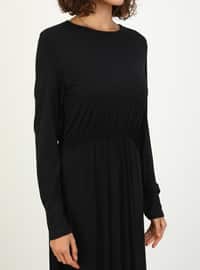 Modest Dress With Natural Fabric Elastic Waist Black