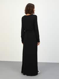 Modest Dress With Natural Fabric Elastic Waist Black