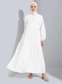 Püskül Detaylı Kat Kat Astarlı Tesettür Elbise - Off White