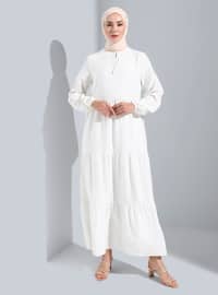 Fringe Detailed Layered Lined Modest Dress Off White