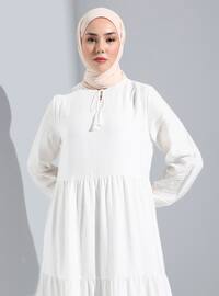Fringe Detailed Layered Lined Modest Dress Off White